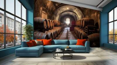 row of old barrels in a dusty wine cellar, created with generative ai Wall mural