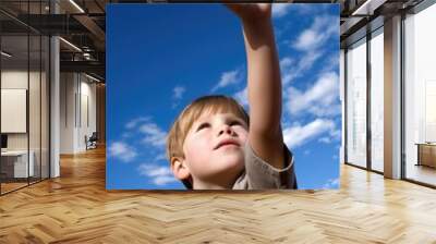 shot of a young boy holding his fingers up with the sky as a background Wall mural