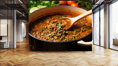 stirring vegetable lentil soup with a wooden spoon Wall mural