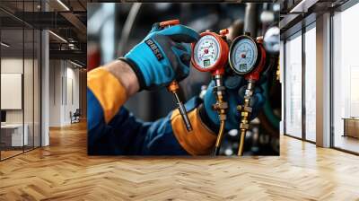 Technician adjusting pressure gauges on industrial equipment wearing blue gloves and uniform. Wall mural