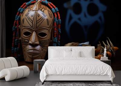 traditional african mask juxtaposed with a rosary Wall mural