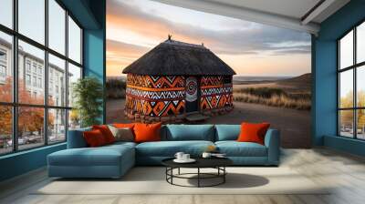 Traditional African round hut with colorful geometric wall art and a thatched roof in a rural landscape during sunset. Wall mural