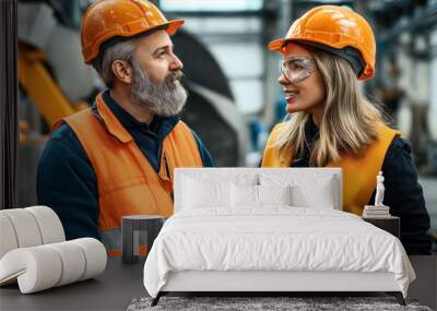 Two industrial workers wearing orange safety vests and helmets are having a conversation in a factory setting. The man has a gray beard while the woman is wearing safety goggles. Wall mural