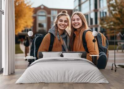 Two smiling young women with backpacks are standing close together on a college campus during autumn, with an academic building and colorful trees in the background. Wall mural