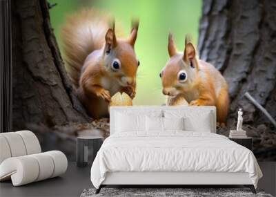 two squirrels sharing a nut under a tree Wall mural