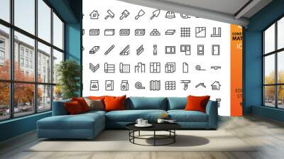 Construction materials isolated icon set. Set of building tools, blocks, floor and roof materials, door, window, cement bag, tile adhesive, house siding, timber, drywall, metal profile vector icons Wall mural