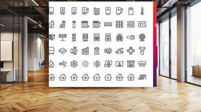 Home heating, cooling and water supply system isolated icon set. Set of heating boiler, electric water heater, solid fuel boiler, air conditioning, oil radiator, coaxial chimney pipes vector icons Wall mural