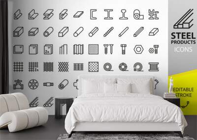 Metal and Stainless Steel products isolated icons set. Set of long products, hot rolled steel, metal beams, rods, armature, pipes, pipe flange, wire coil, rabitz mesh roll vector icons.  Wall mural