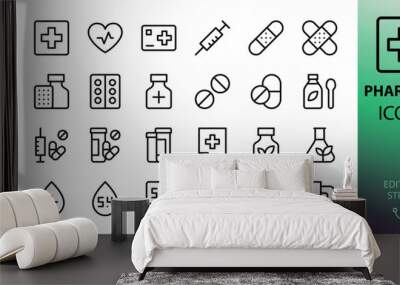 Pharmacy isolated icons set. Set of drugstore, heart pulse, syringe, medical patch, tablets and pills, cough syrup, prescription, glucose meter, thermometer, capsule, firs aid kit vector icon Wall mural