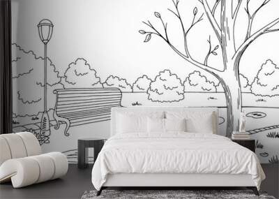 autumn park graphic black white landscape sketch illustration vector Wall mural