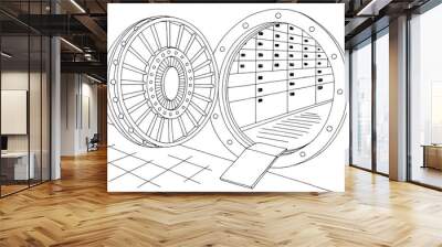 Bank vault safe interior graphic black white sketch illustration vector Wall mural