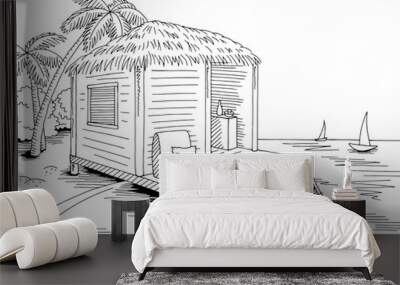 Bungalow hut house coast beach graphic black white sea landscape sketch illustration vector Wall mural