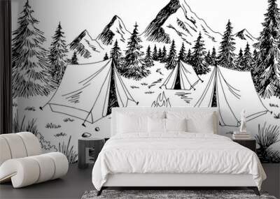 Camping graphic black white mountain landscape sketch illustration vector Wall mural