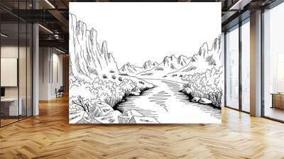 Canyon river graphic black white desert mountain landscape sketch illustration vector Wall mural