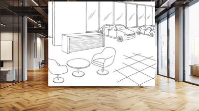 Car showroom graphic black white store interior sketch illustration vector  Wall mural