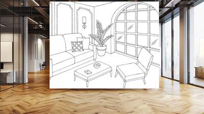 Classic living room graphic black white home interior sketch illustration vector Wall mural