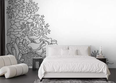 Coral sea graphic art black white underwater landscape illustration vector Wall mural