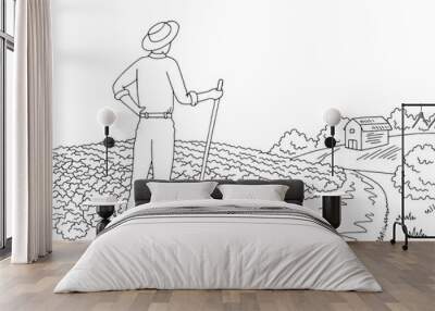 farm graphic black white landscape sketch illustration vector. farmer looking at the field Wall mural