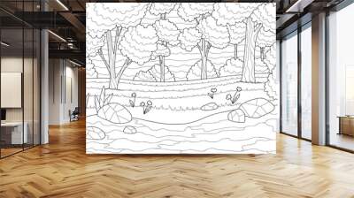 Forest river coloring graphic black white landscape sketch illustration vector Wall mural