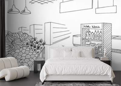 Grocery interior store shop black white graphic sketch illustration vector Wall mural