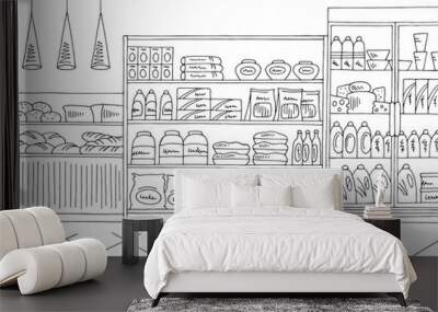 Grocery store shop interior black white graphic sketch illustration vector Wall mural