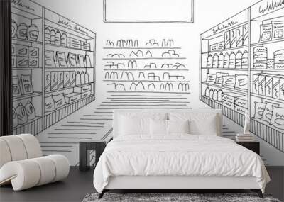 Grocery store shop interior black white graphic sketch illustration vector Wall mural