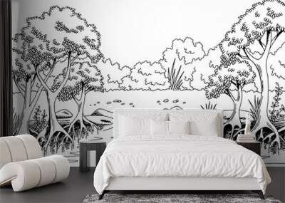 jungle forest river graphic black white landscape sketch illustration vector Wall mural