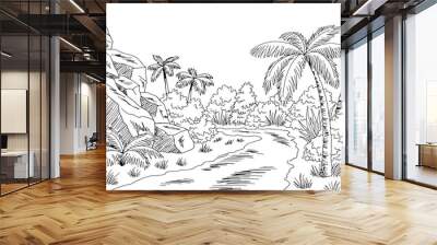 Jungle road graphic black white landscape sketch illustration vector Wall mural