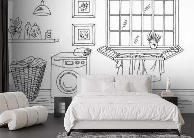 Laundry room home interior graphic black white sketch illustration vector Wall mural