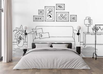 Living room graphic black white home interior sketch illustration vector Wall mural