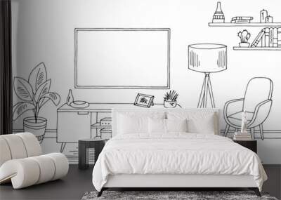 Living room graphic black white interior sketch illustration vector Wall mural