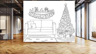 Living room graphic Christmas tree black white interior sketch illustration vector Wall mural