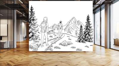 Man and woman tourist walking at the mountains graphic black white landscape sketch illustration vector Wall mural