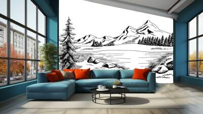 mountain lake graphic art black white landscape illustration vector Wall mural