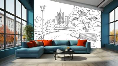 Park graphic black white bench lamp landscape sketch illustration vector Wall mural