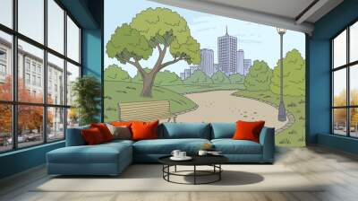 Park graphic color bench lamp landscape sketch illustration vector Wall mural