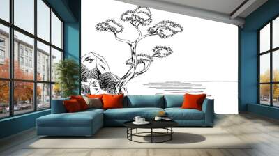 Pine tree sea coast graphic black white landscape sketch illustration vector Wall mural