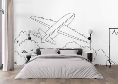 Plane takes off above the clouds graphic black white sketch illustration vector Wall mural