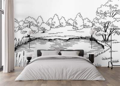 Pond graphic black white landscape sketch illustration vector  Wall mural