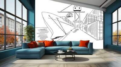 Port loading dry cargo ship graphic black white sea landscape sketch illustration vector Wall mural