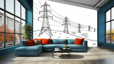 Power line graphic black white landscape sketch illustration vector Wall mural