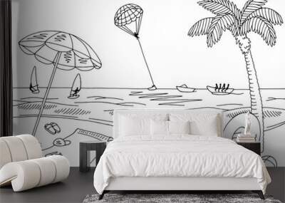 Sea coast beach graphic black white landscape sketch illustration vector Wall mural