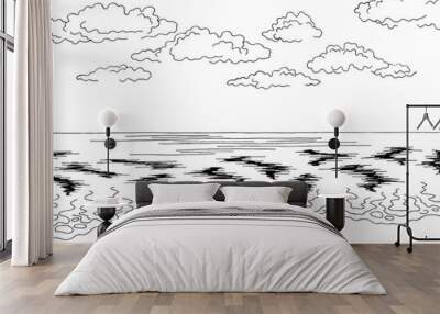 Sea coast graphic beach black white landscape sketch illustration vector Wall mural