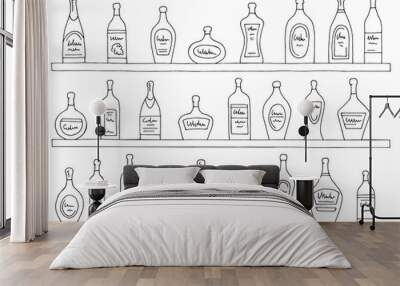 Shelves set graphic black white isolated bottles bar sketch illustration vector Wall mural