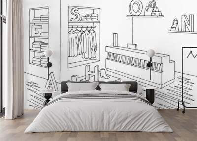 Shop store interior graphic black white sketch illustration vector Wall mural