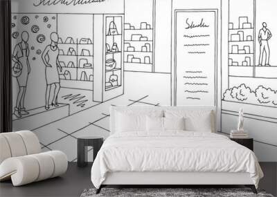 Shopping mall graphic black white interior sketch illustration vector Wall mural