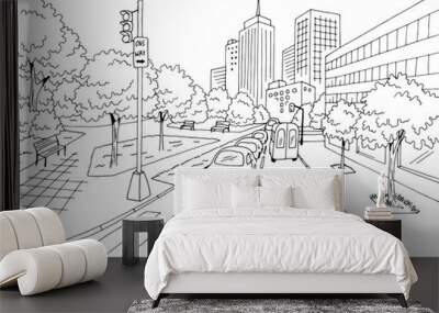 Street road graphic black white city landscape sketch illustration vector Wall mural