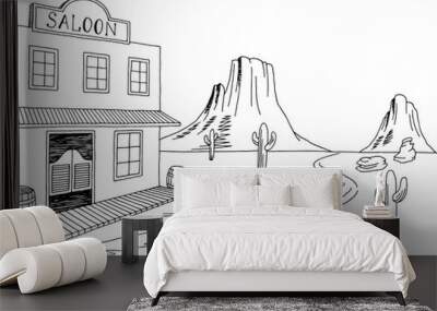 Wild west graphic black white prairie landscape sketch illustration vector Wall mural