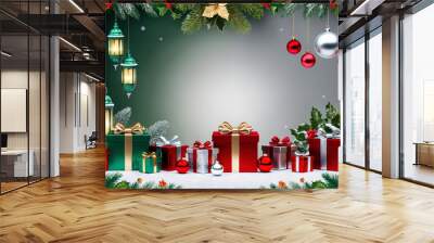 A cozy Christmas scene with glowing red lanterns, gift boxes, ornaments, holly, pine branches, and snow, set against a warm gradient backdrop, evoking a festive holiday spirit. Wall mural