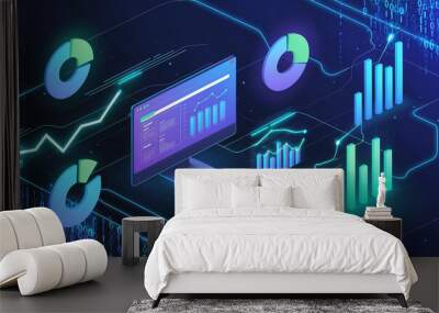 A digital dashboard displaying various charts and graphs, including bar charts, line graphs, and pie charts, representing data analytics and visualization in a futuristic style. Wall mural